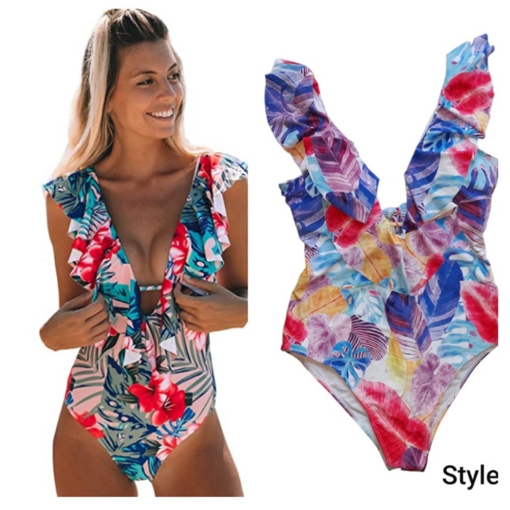 NEW Binlowis ruffled top one piece floral swimsuit bathing suit swimwear small